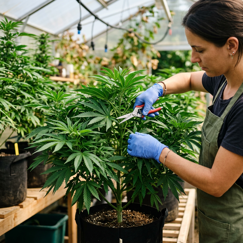 Gardener wearing gloves prunes a cannabis plant in a greenhouse