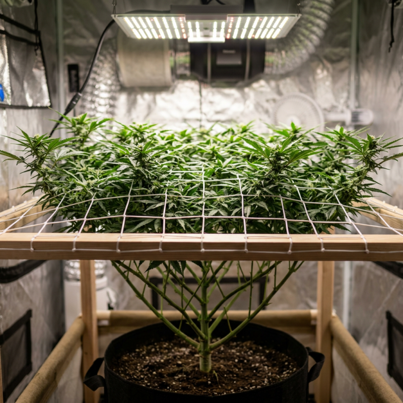 Cannabis plants growing under LED lights in an indoor tent