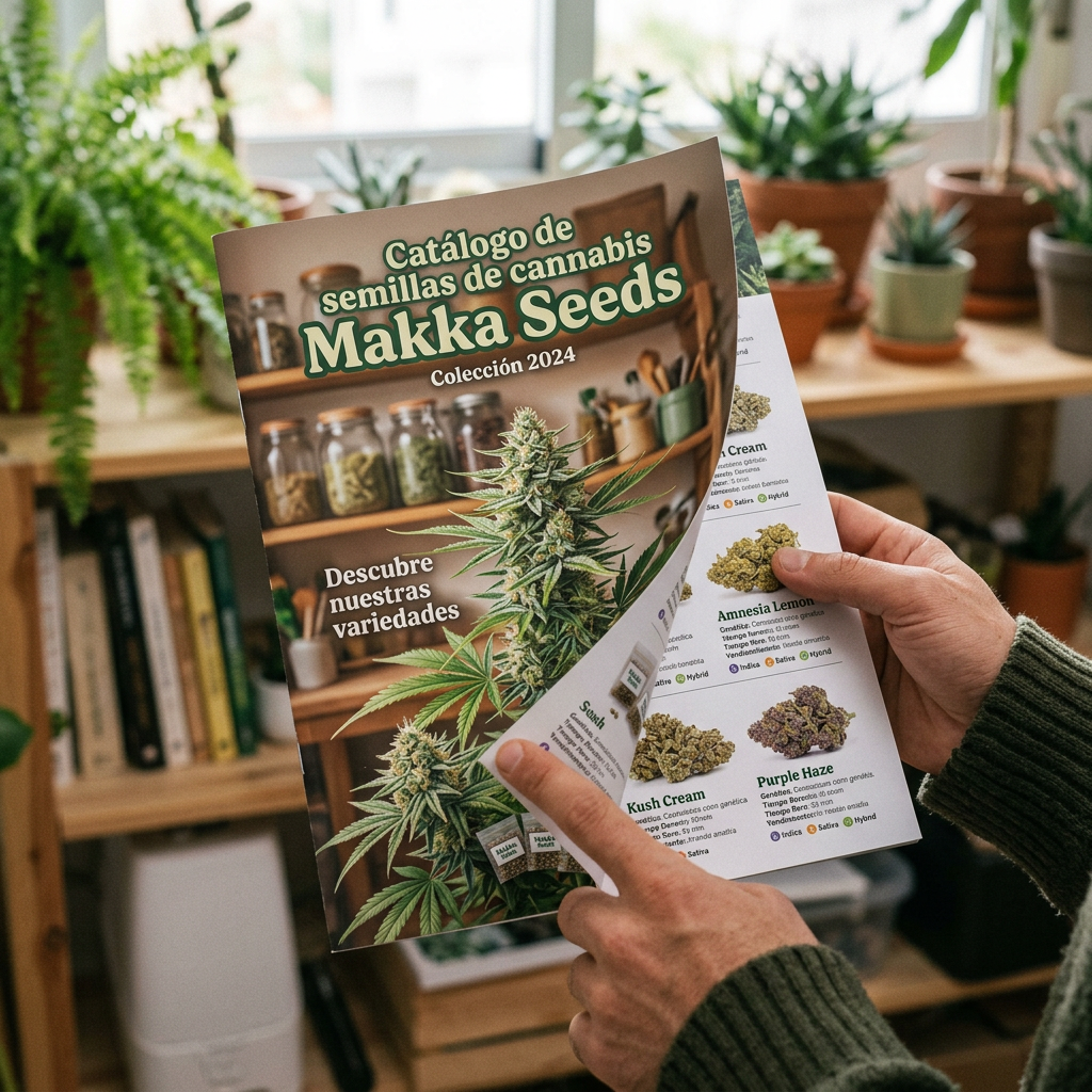 Makka Seeds cannabis seed catalog reading “Colección 2024” and “Descubre nuestras variedades”