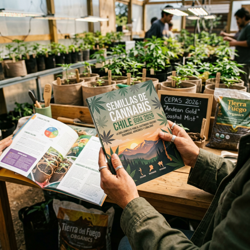 Guide reading “Semillas de Cannabis Chile Guía 2026” held in a greenhouse